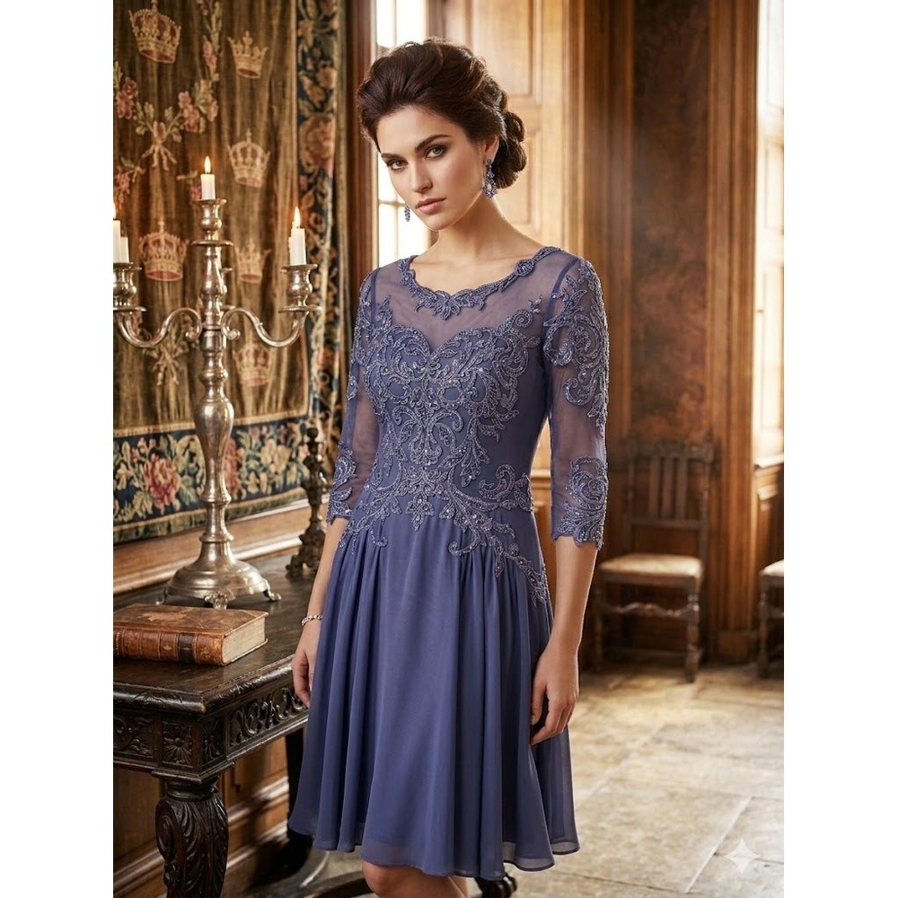 JJ's House Formal Evening Dress Blue Embroidered Beaded Lace Chiffon 3/4 Sleeve